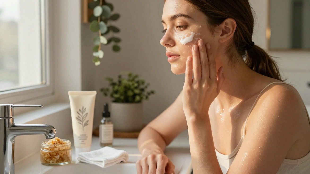 Mulher aplica creme hidratante no rosto junto a produtos de cuidados de pele numa casa de banho iluminada.