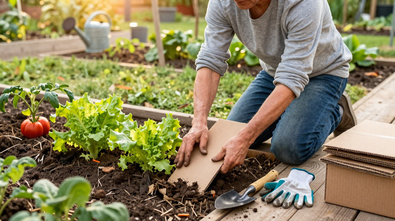 Pessoa a proteger plantas num canteiro de jardim com pedaços de cartão e ferramentas de jardinagem ao lado.