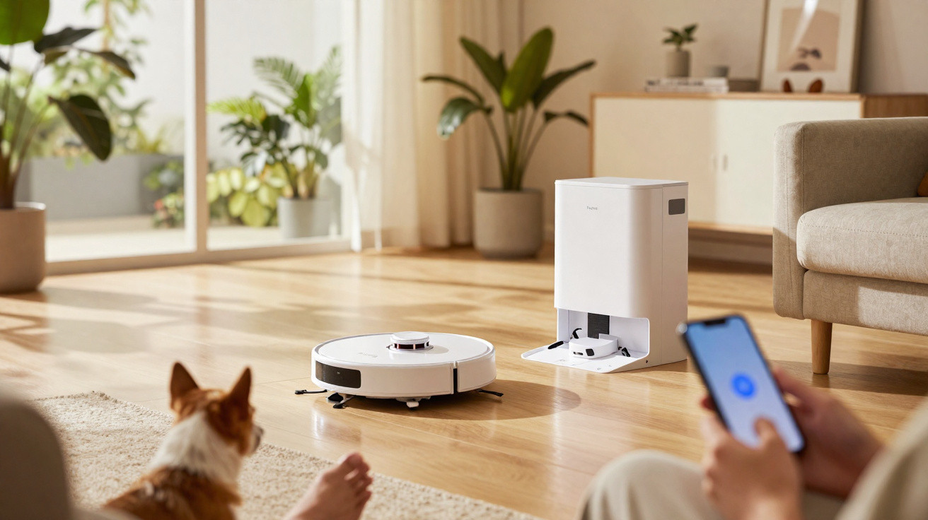 Robô aspirador a limpar chão de madeira numa sala moderna com plantas e pessoa a usar telemóvel.