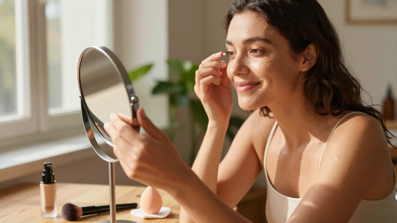 Mulher sorridente a aplicar maquilhagem numa mesa iluminada pela luz natural junto a uma janela.