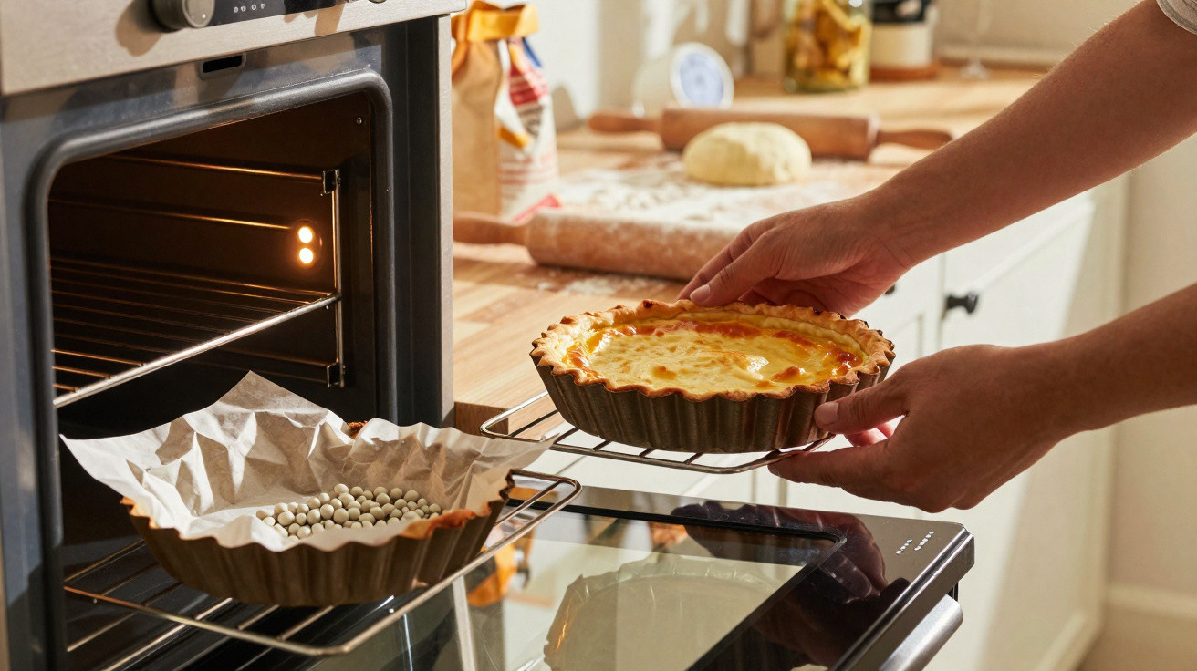 Pessoa a retirar uma tarte dourada do forno numa cozinha com utensílios de preparação no balcão.