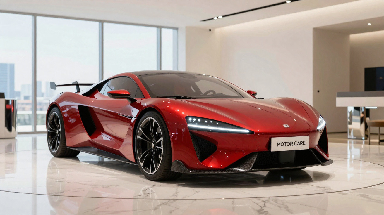 Carro desportivo vermelho brilhante estacionado num showroom moderno com chão de mármore.