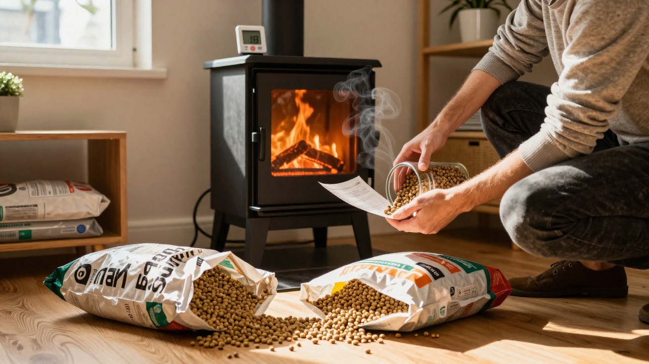 Pessoa a colocar pellets numa estufa a lenha num ambiente interior acolhedor com luz natural.