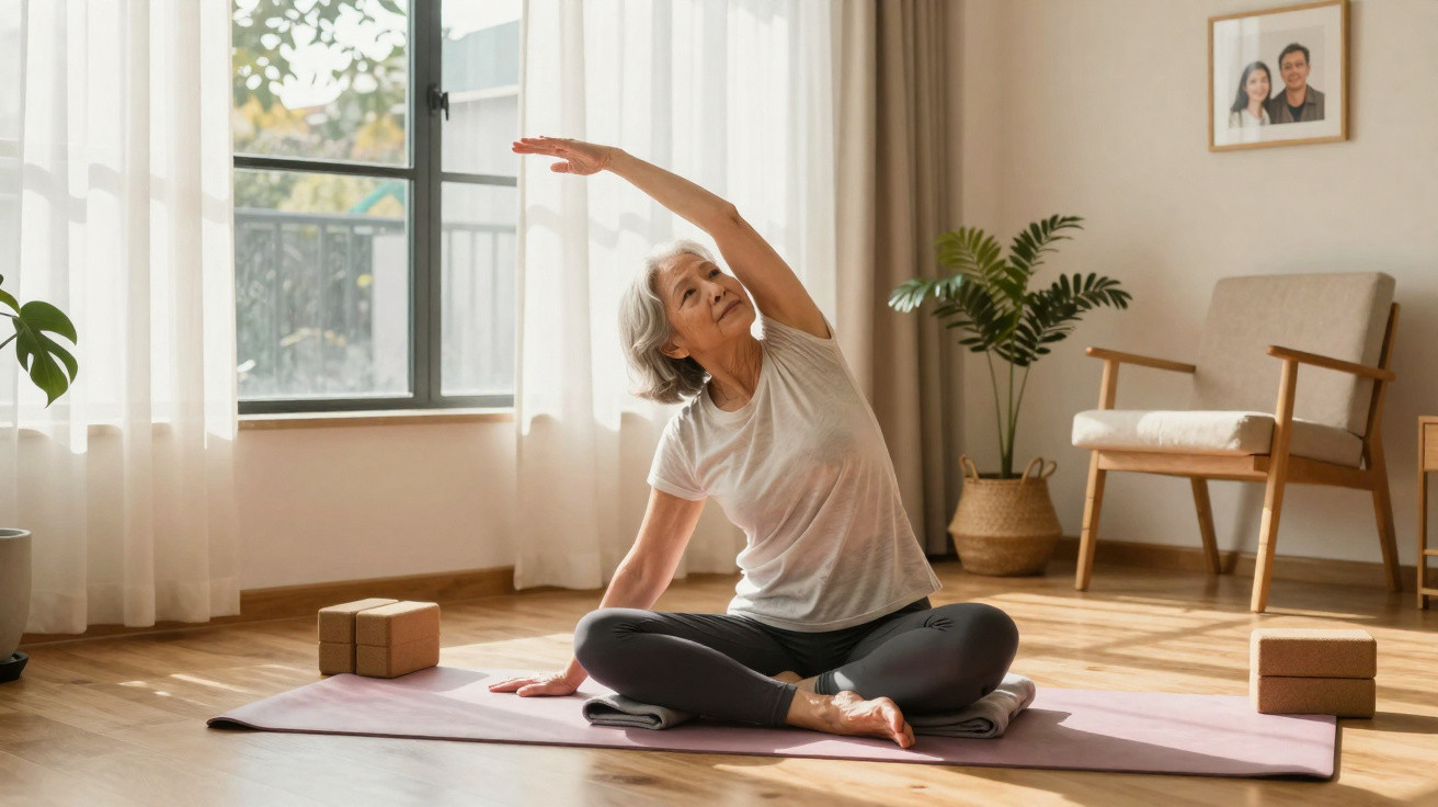 Mulher idosa a fazer alongamento sentada no tapete de yoga numa sala iluminada com plantas e cadeira.