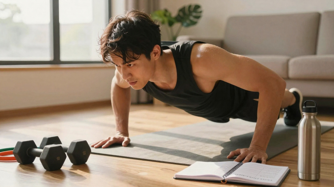 Homem a fazer flexões numa sala, com halteres, garrafa de água e caderno no chão ao lado.