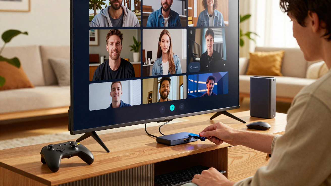 Pessoa a participar numa videoconferência em grupo exibida num televisor numa sala moderna.