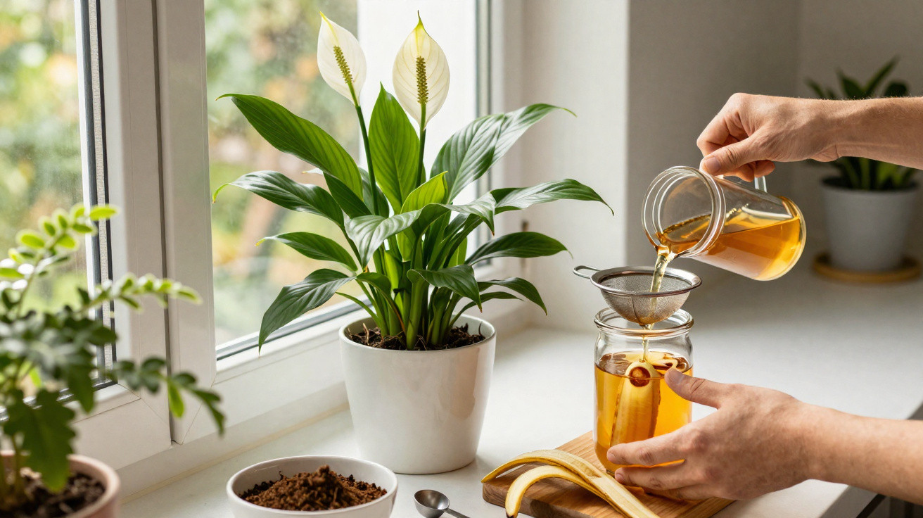 Mãos a coar chá numa jarra com filtro, perto de plantas em vasos sobre um peitoril de janela.