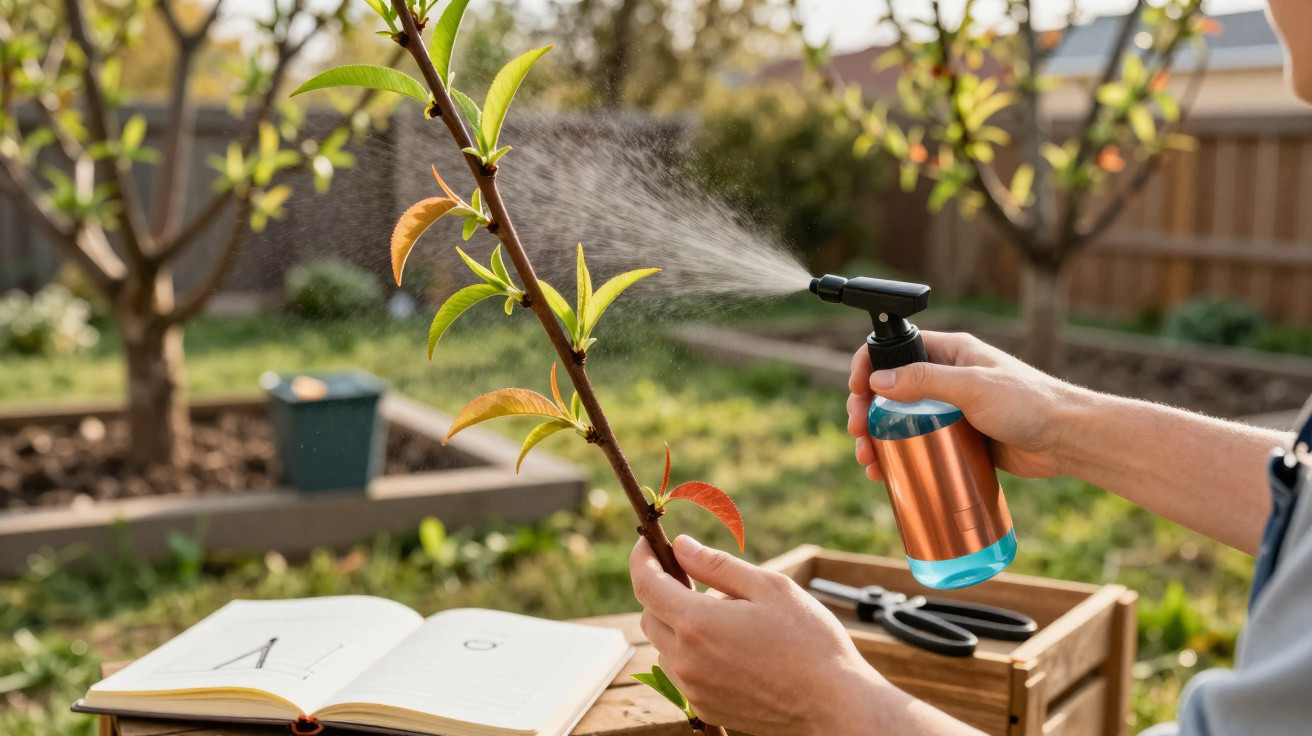 Pessoa a pulverizar planta jovem num jardim com caderno aberto e tesoura ao lado.