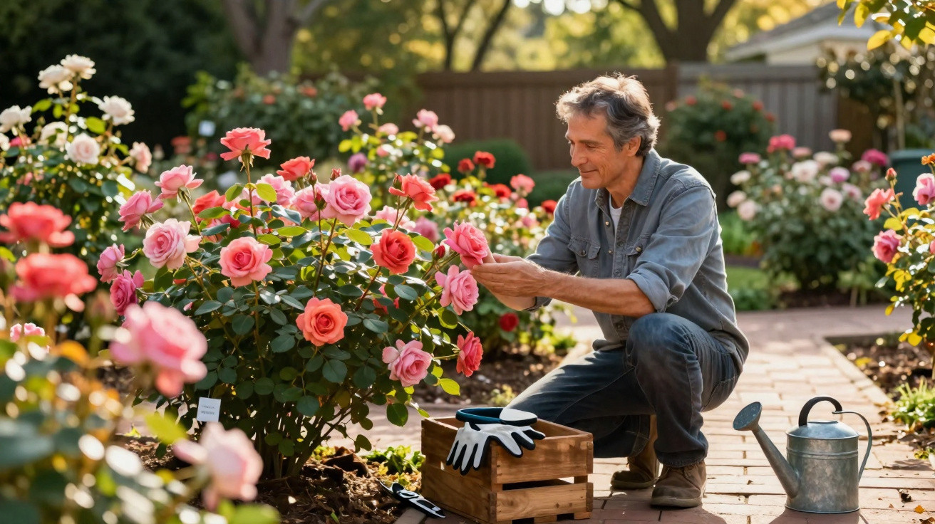 Homem a cuidar de rosas num jardim ensolarado, com regador e luvas de jardinagem ao lado.