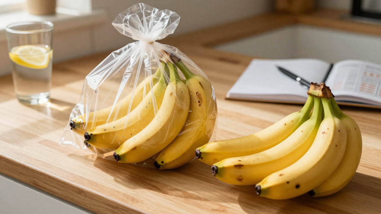 Cacho de bananas frescas na bancada de cozinha, com um a embalagem plástica ao lado e um copo com água e limão.