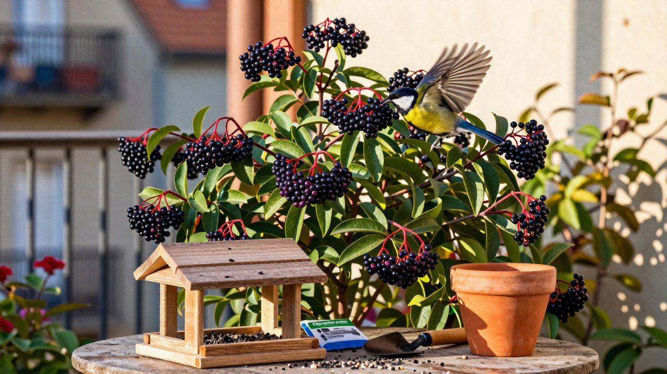 Pássaro a voar perto de arbusto com bagas pretas, com comedouro de aves, vaso e ferramentas de jardinagem numa mesa.