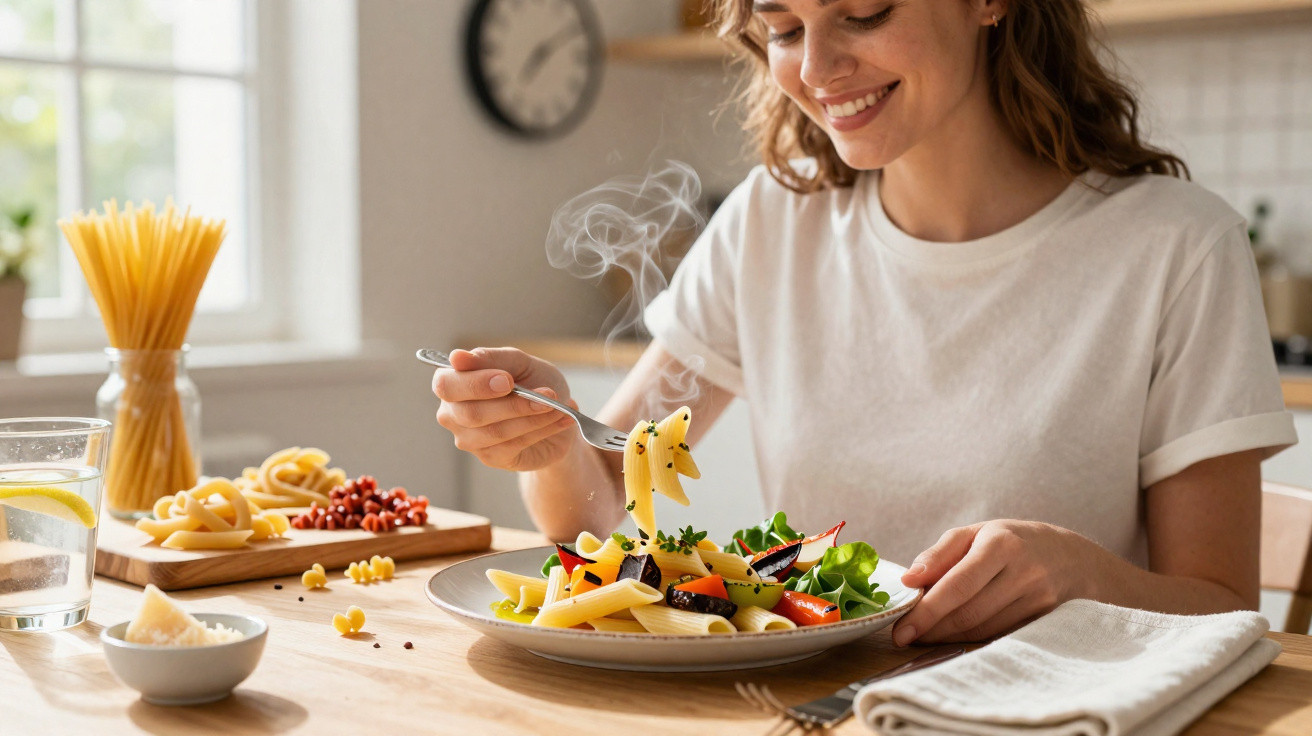 Mulher sorridente a comer prato de massa com legumes e azeitonas numa cozinha iluminada.