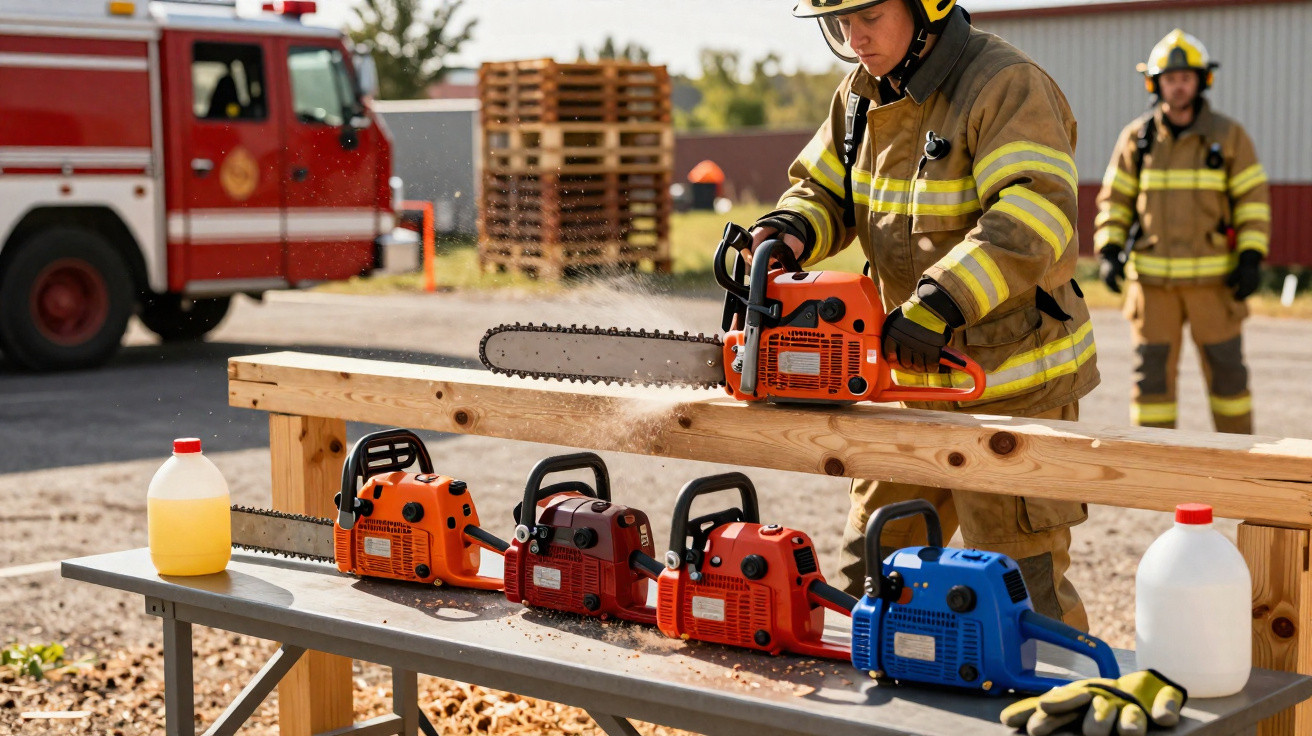 Bombeiro em equipamento completo a cortar madeira com motosserra, mesas com mais motosserras e camião de bombeiros ao fundo.