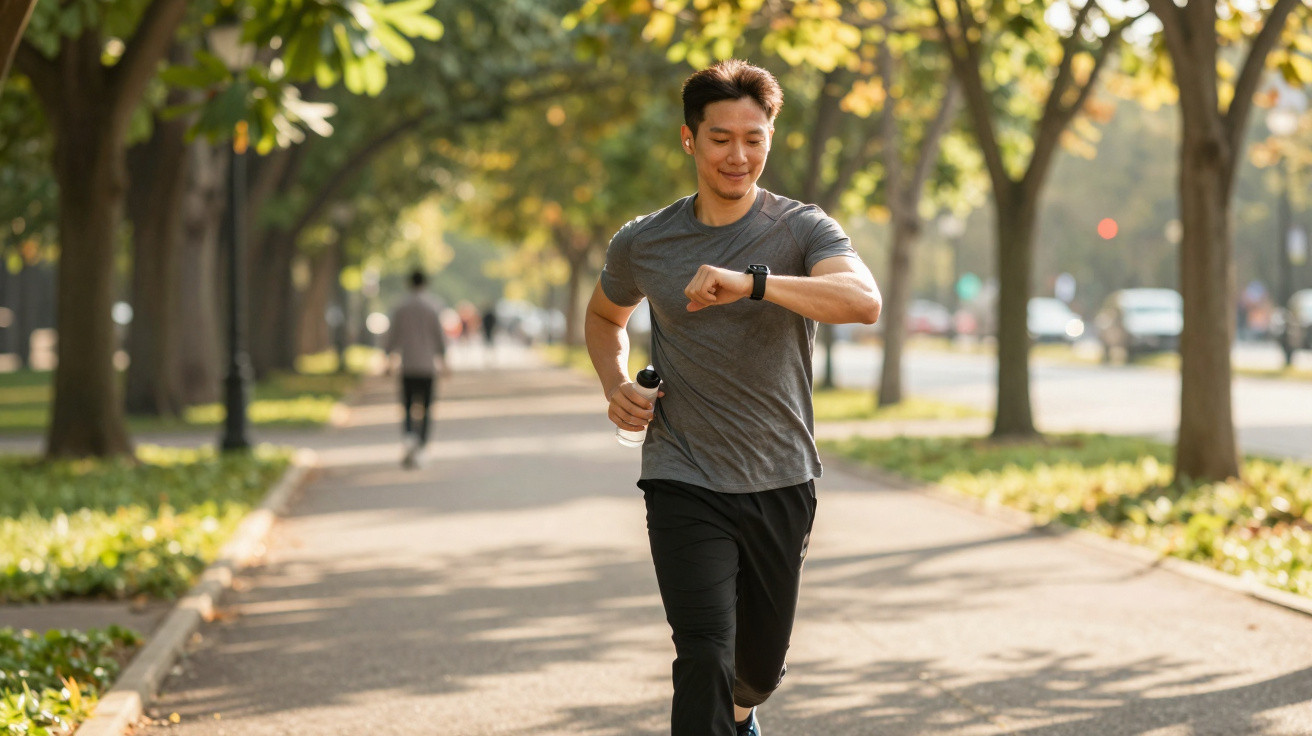 Homem a correr num parque a olhar para o relógio e a segurar uma garrafa de água.