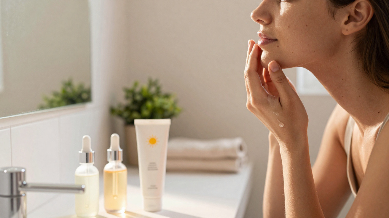Mulher a aplicar creme facial junto a lavatório com produtos de cuidados de pele e toalha.