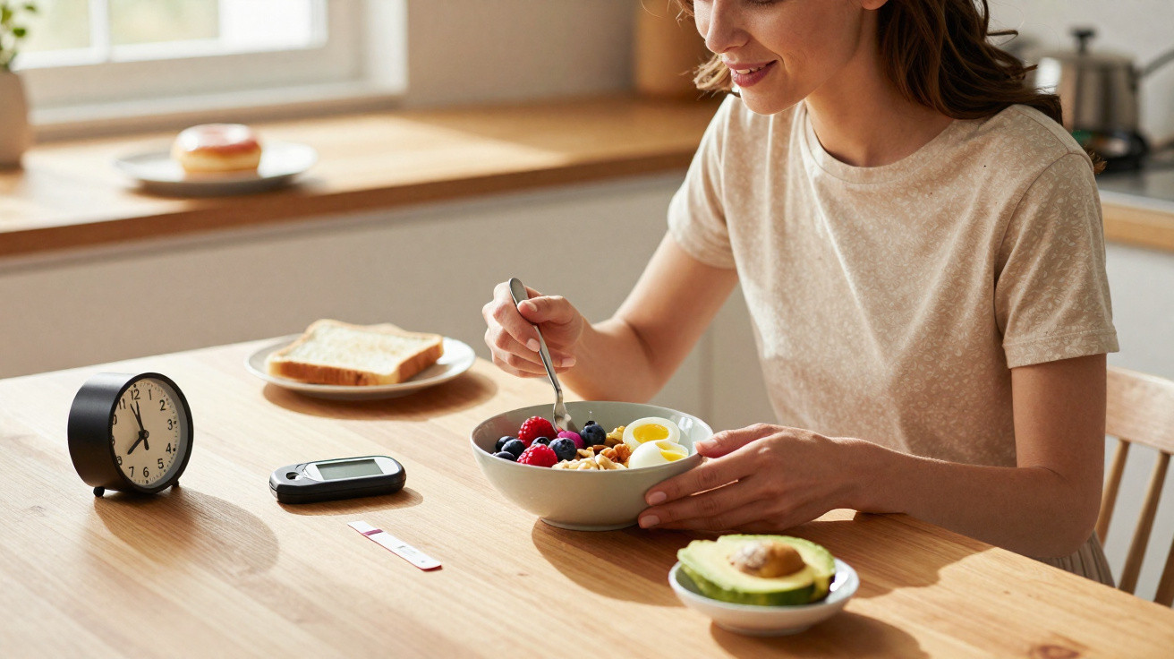 Mulher a tomar pequeno-almoço saudável com fruta, ovos e abacate, com medidores de glicemia na mesa.