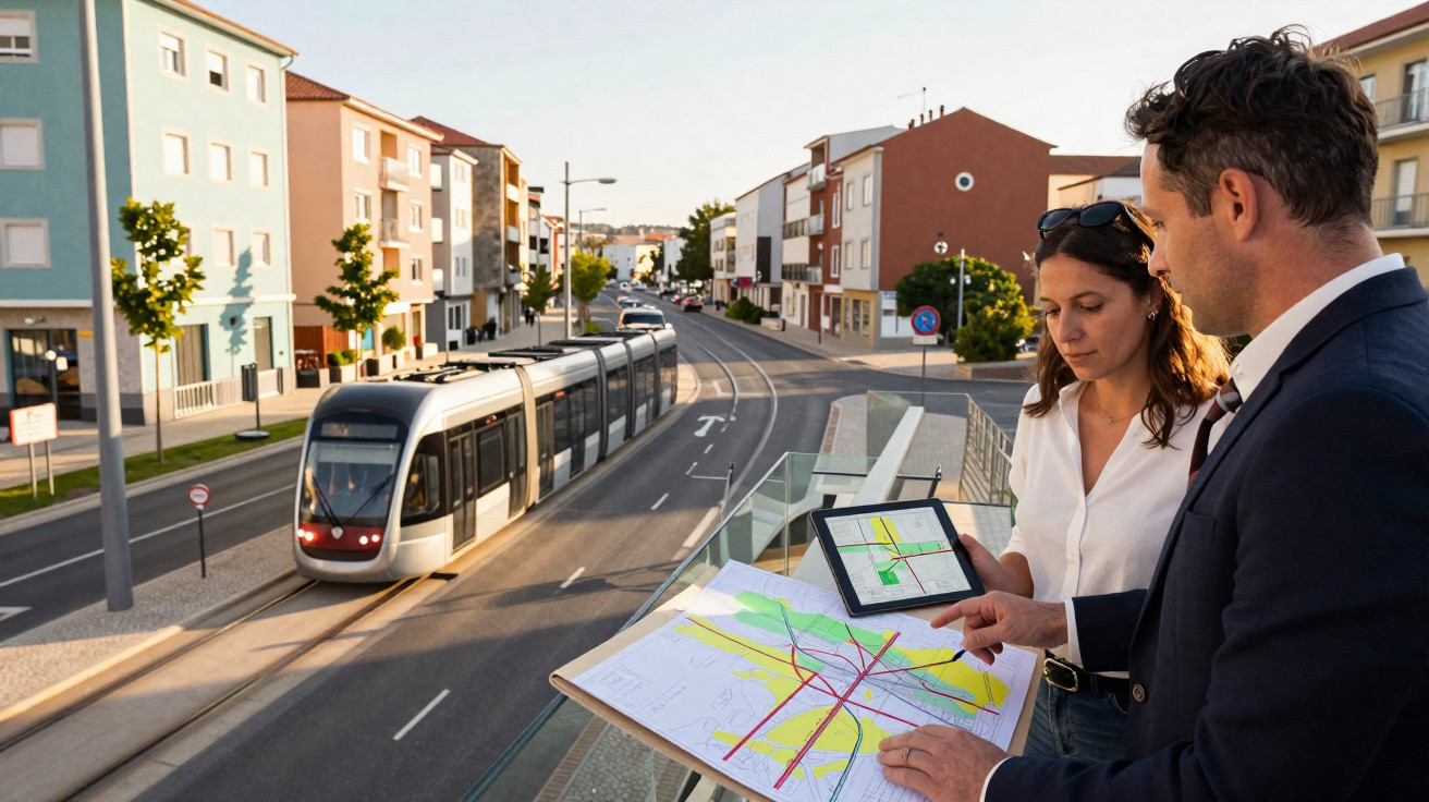 Dois profissionais analisam mapas de transporte urbano com elétrico a circular numa rua residencial ao fundo.