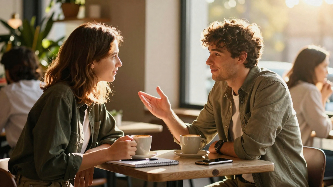 Jovem casal conversa num café, cada um com uma chávena de café, ambiente iluminado e descontraído.