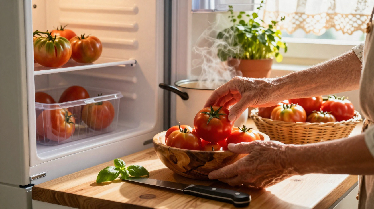 Mãos idosas a colocar tomates num cesto de madeira junto a um frigorífico aberto numa cozinha iluminada.