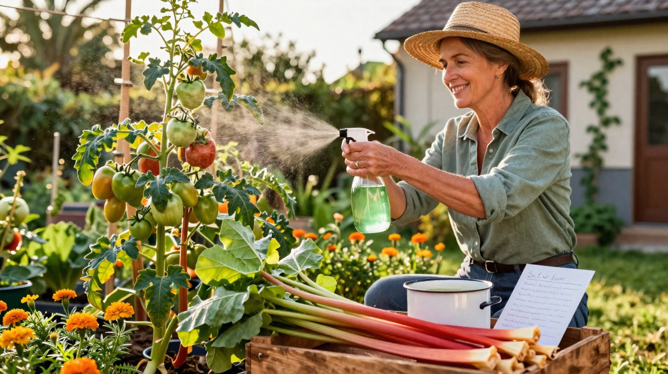 Mulher sorridente a regar plantas e tomates num jardim com chapéu de palha e roupa casual.