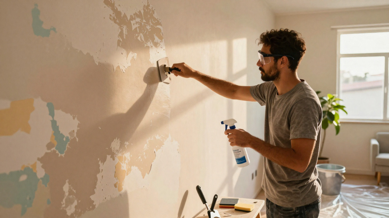 Homem a remover tinta da parede em sala iluminada, equipado com óculos de proteção e spray.