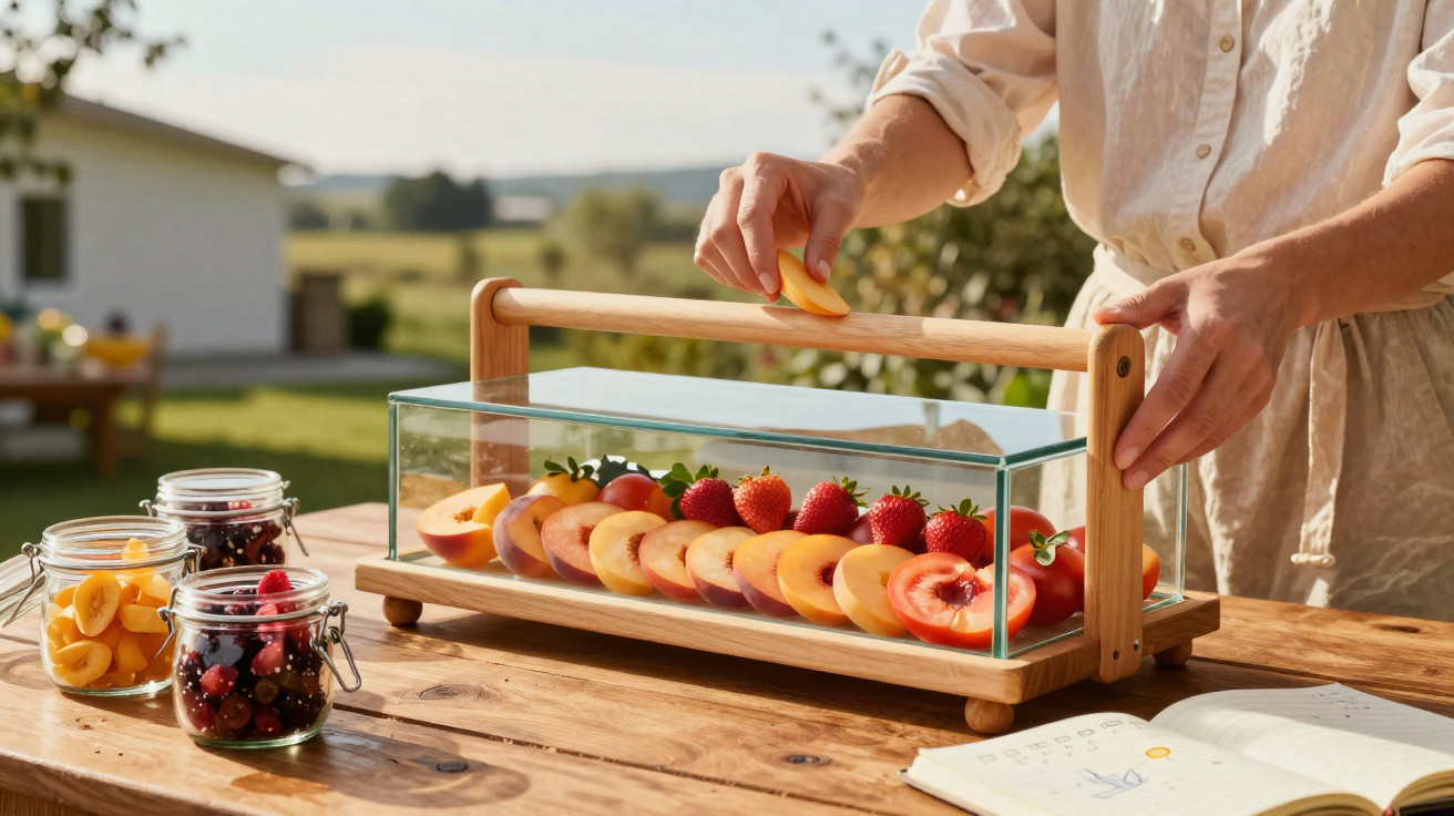 Frutas fatiadas em caixa de vidro numa mesa de madeira, com mãos a arrumar uma fatia ao ar livre.
