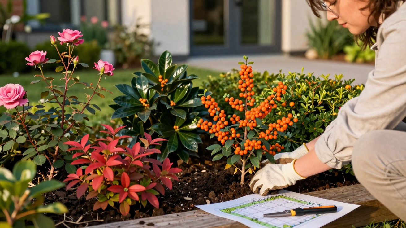 Pessoa com luvas a plantar arbusto com bagas laranja num jardim com plantas e flores rosas.