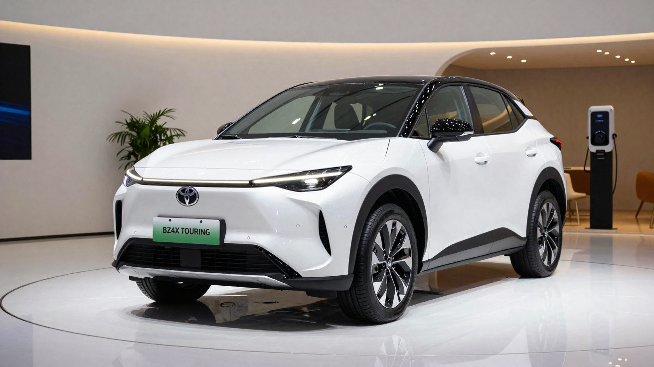 Carro eléctrico Toyota BZ4X Touring branco em exposição num salão automóvel moderno.