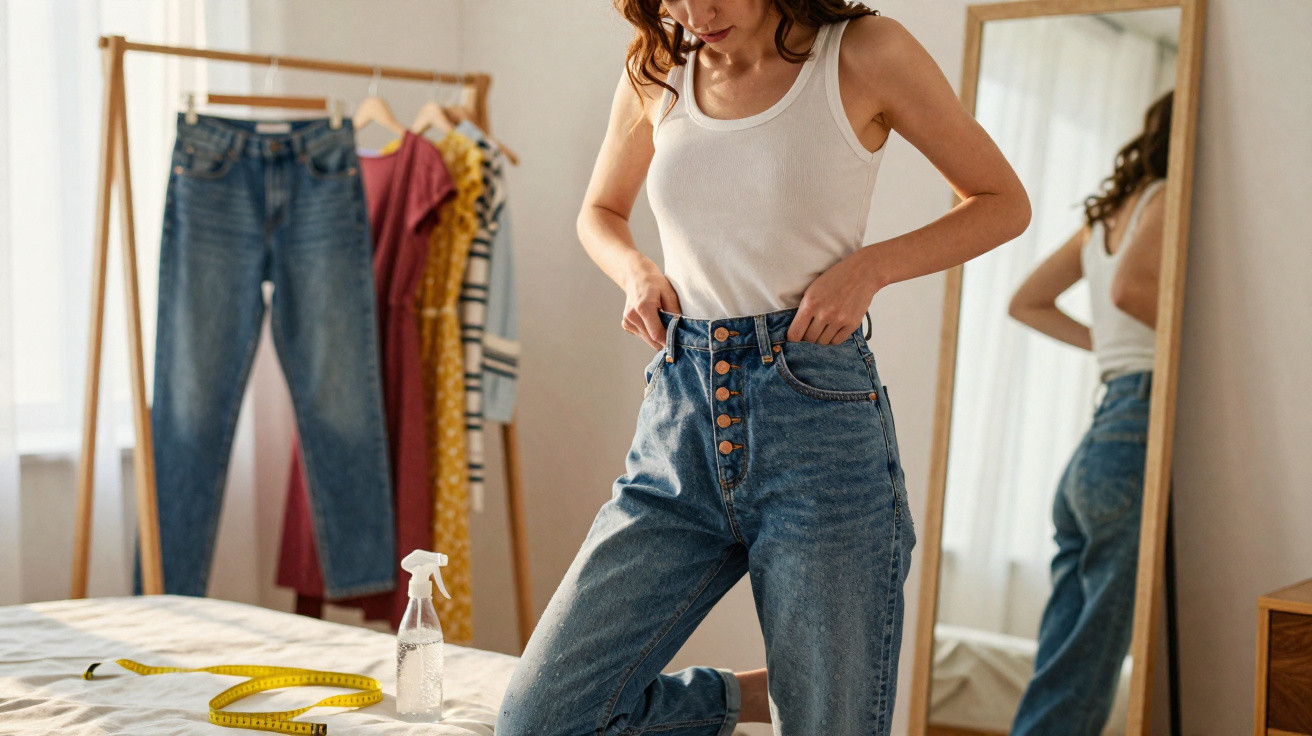 Mulher a experimentar jeans altos junto a espelho, com roupa pendurada e fita métrica sobre a cama.