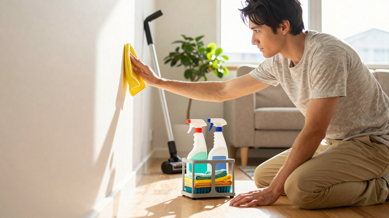 Jovem a limpar a parede interior de uma casa com um pano amarelo, ao lado produtos de limpeza.