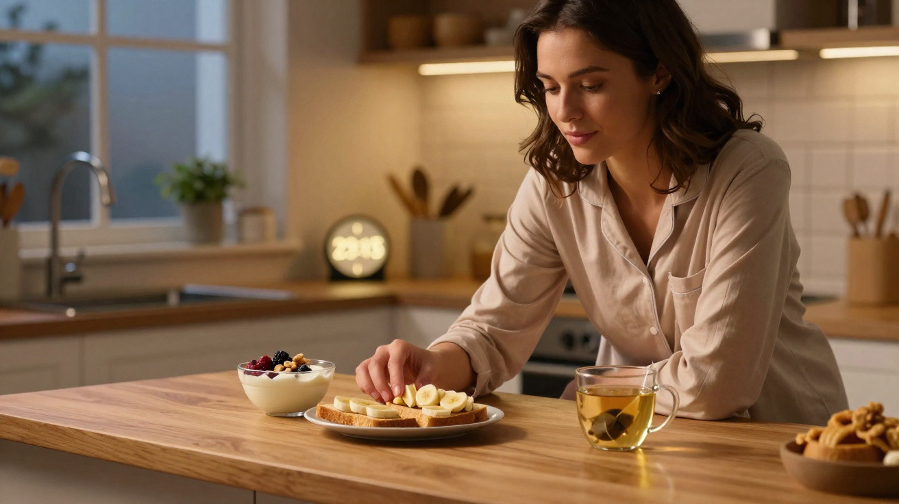 Mulher a preparar sanduíche com banana na cozinha moderna, com chá e iogurte com frutos vermelhos.