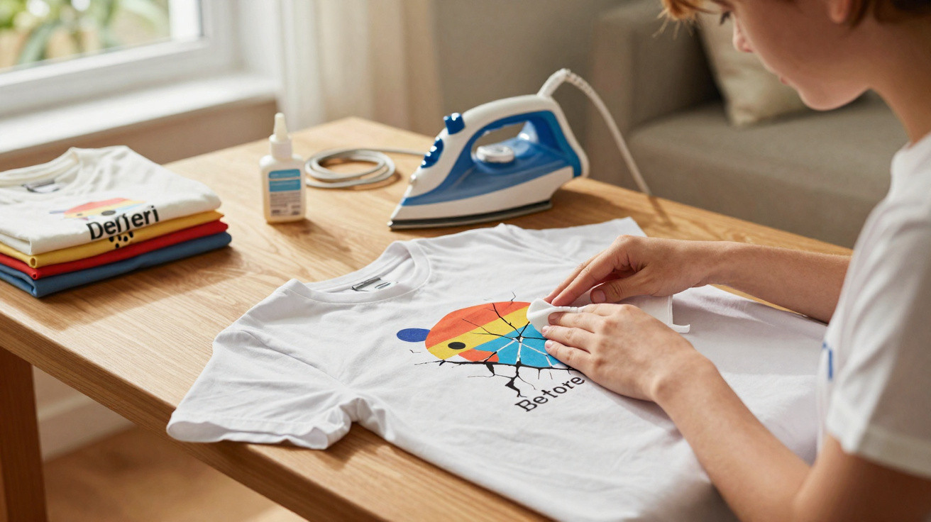 Pessoa a limpar mancha de tinta numa t-shirt branca com ferro e produtos de limpeza numa mesa de madeira.