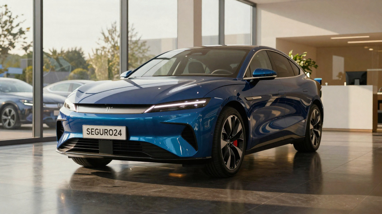 Carro elétrico azul estacionado num showroom moderno com vidros grandes e chão refletor.