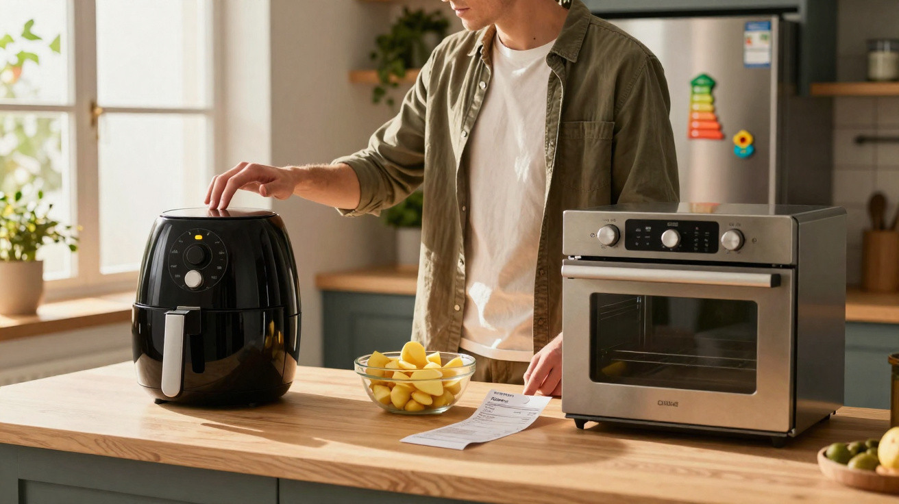 Pessoa a usar uma fritadeira elétrica ao lado de uma tigela de batatas e forno compacto numa cozinha moderna.