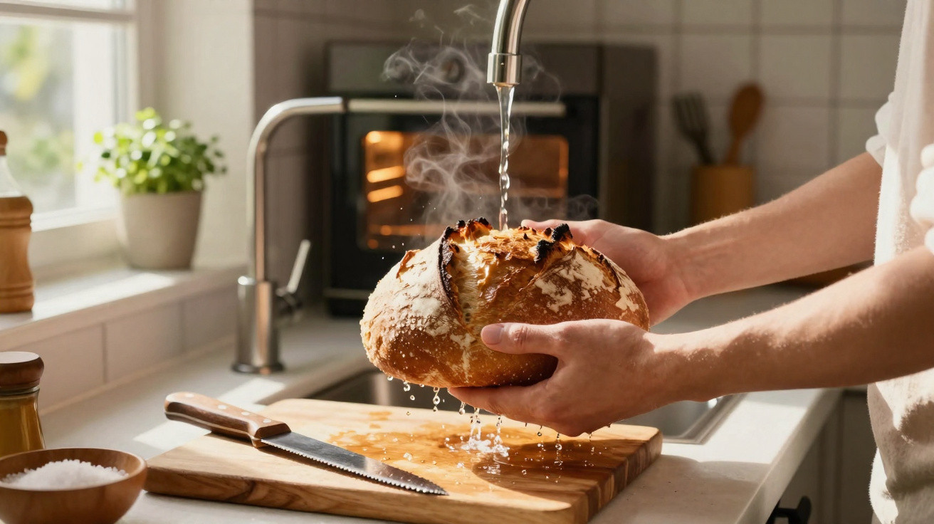 Pessoa a colocar água em pão quente num lavabo de cozinha com faca e tábua de madeira em primeiro plano.