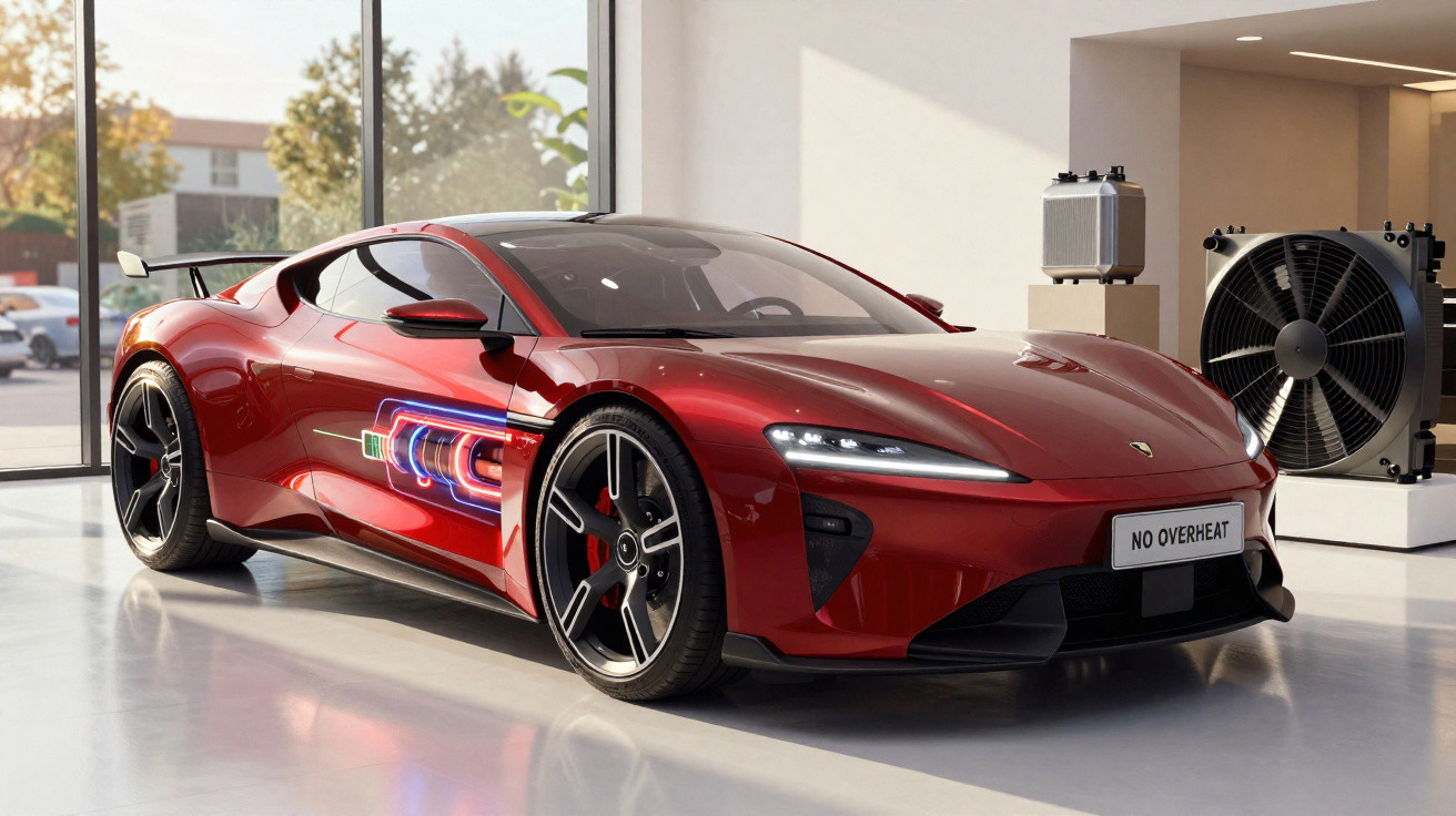 Carro desportivo elétrico vermelho com design moderno estacionado dentro de uma garagem iluminada.