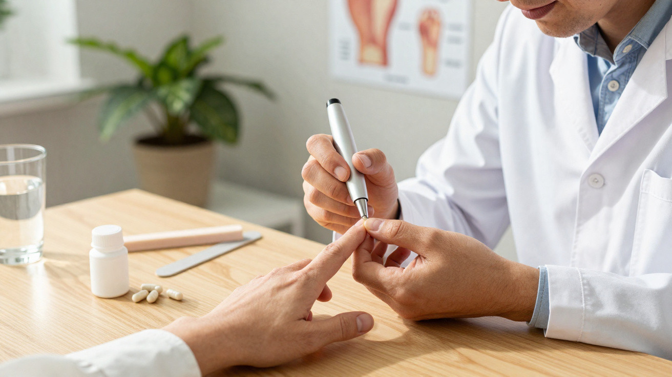 Médico a medir glicemia no dedo de paciente numa consulta de saúde, com medicamentos e copo de água na mesa.