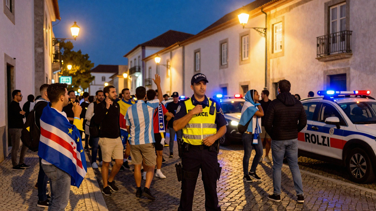 Polícia vigia grupo de pessoas com bandeiras em rua de pedra à noite, perto de carro policial com luzes ligadas.