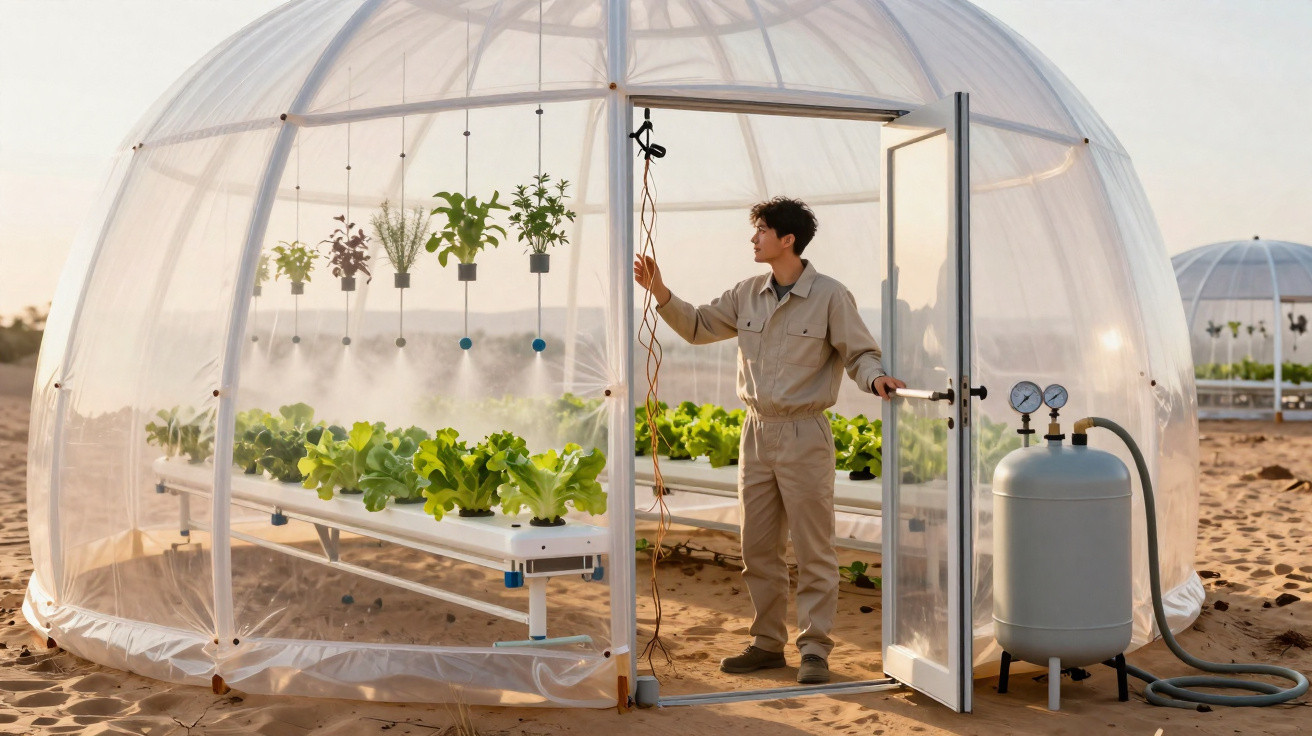 Homem verifica sistema de irrigação em estufa transparente com hortaliças em ambiente desértico.