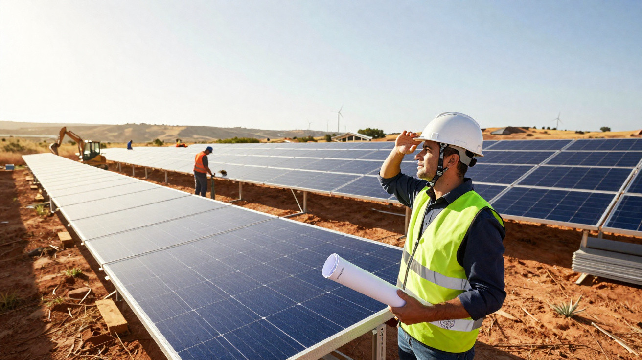 Engenheiro a inspecionar painéis solares numa central fotovoltaica ao ar livre durante o dia.