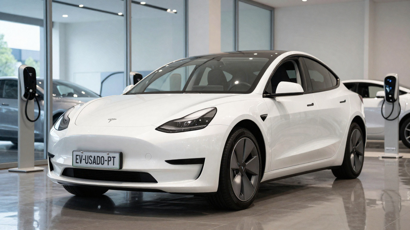 Carro elétrico branco Tesla Model 3 estacionado em showroom com estações de carregamento ao fundo.