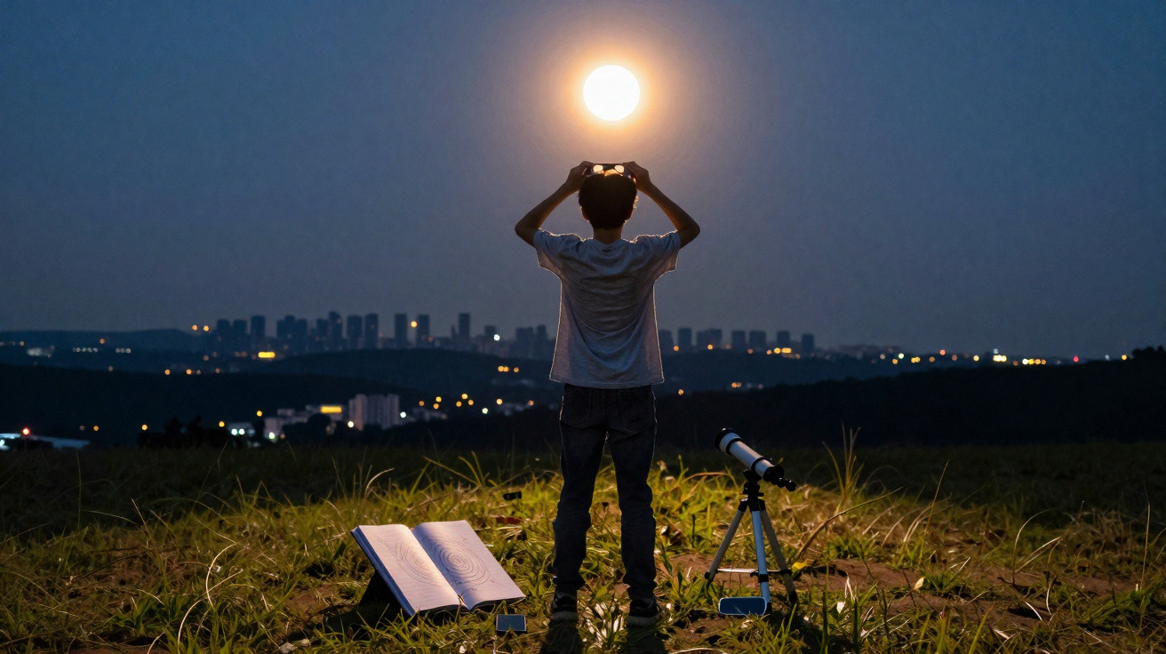 Criança observa a lua cheia à noite com telescópio e livro aberto num campo com cidade ao fundo.