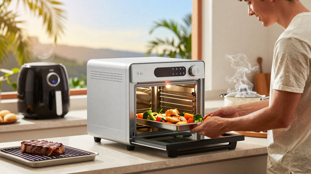 Homem a retirar tabuleiro com comida saudável de forno elétrico numa cozinha moderna e luminosa.