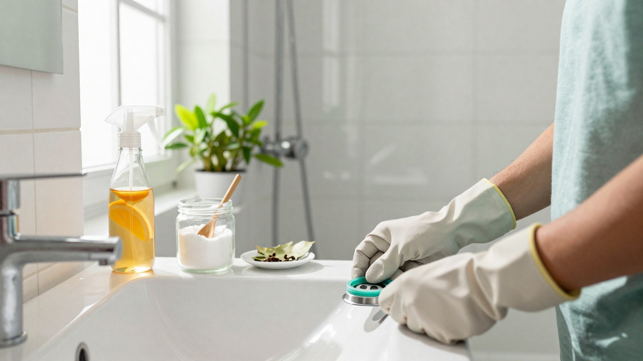 Pessoa a limpar uma casa de banho com luvas, ao lado de planta e produtos de limpeza naturais na bancada.