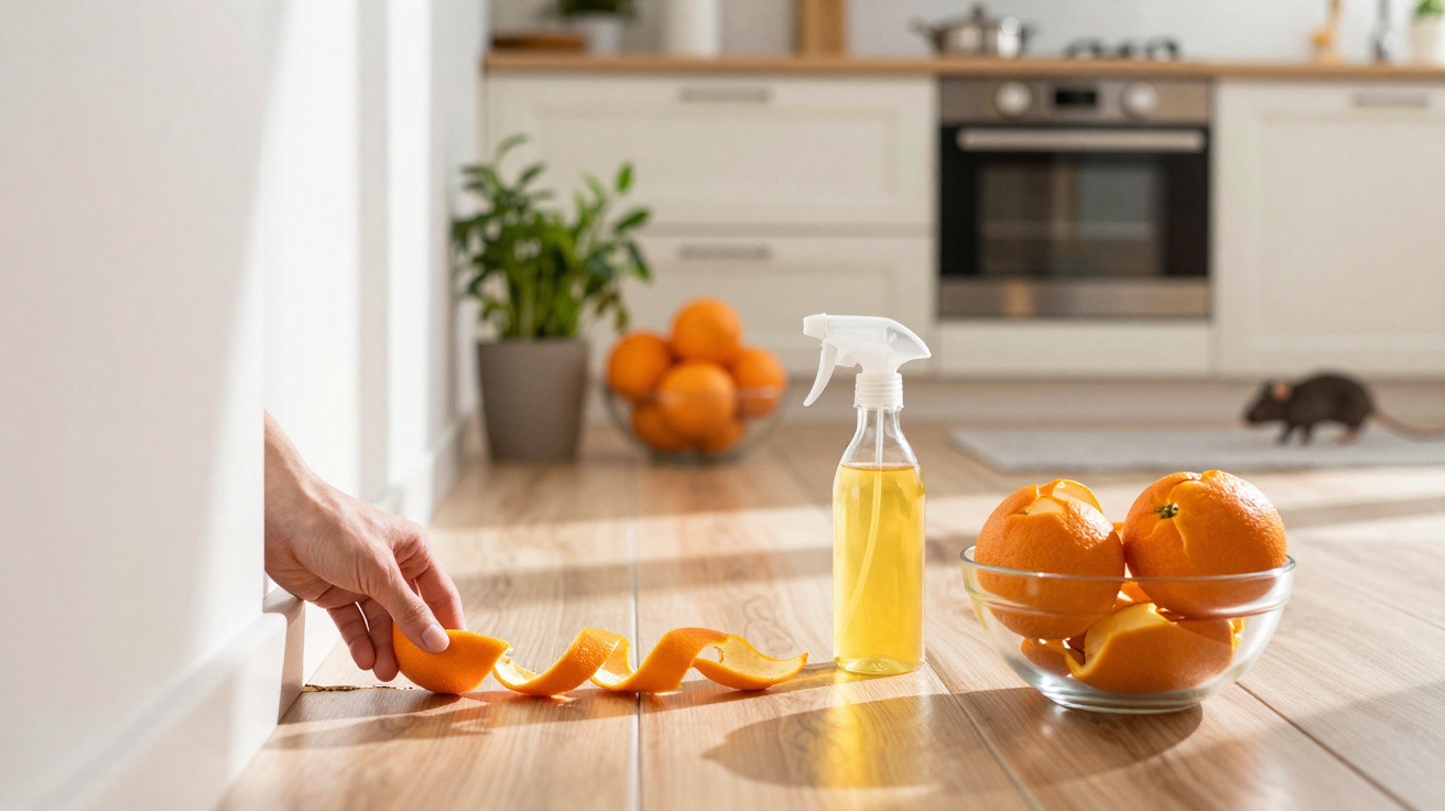 Mão a recolher casca de laranja no chão da cozinha, junto a frasco de spray e tigela com laranjas descascadas.