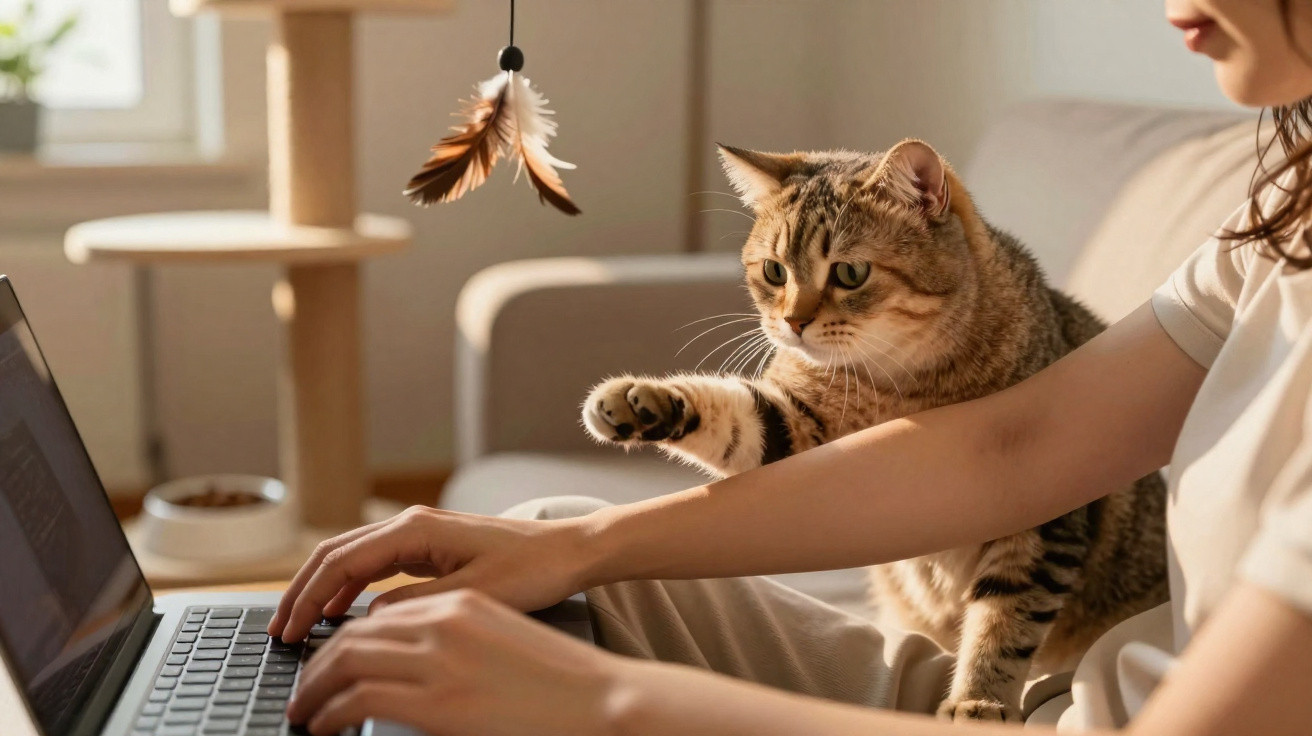 Gato tigrado a tentar apanhar uma pena pendurada enquanto pessoa usa computador portátil no sofá.