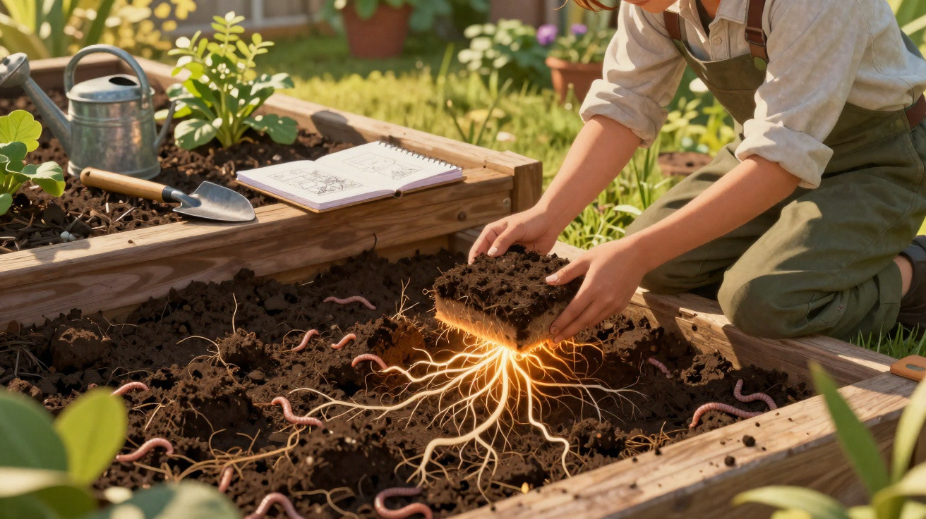 Pessoa a cultivar terra num jardim elevado com minhocas visíveis e raízes iluminadas no solo.