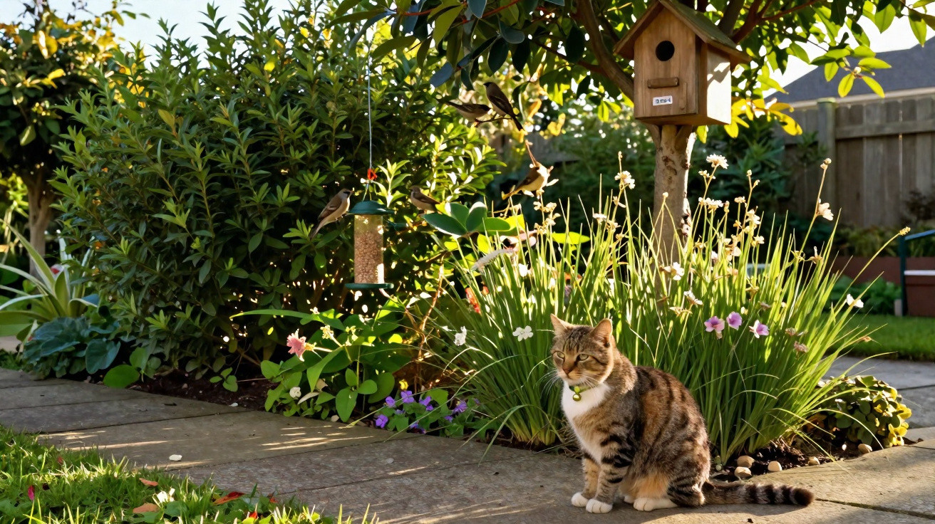 Gato sentado no jardim perto de arbustos, flores, comedouro e casa de passarinho solarenga.