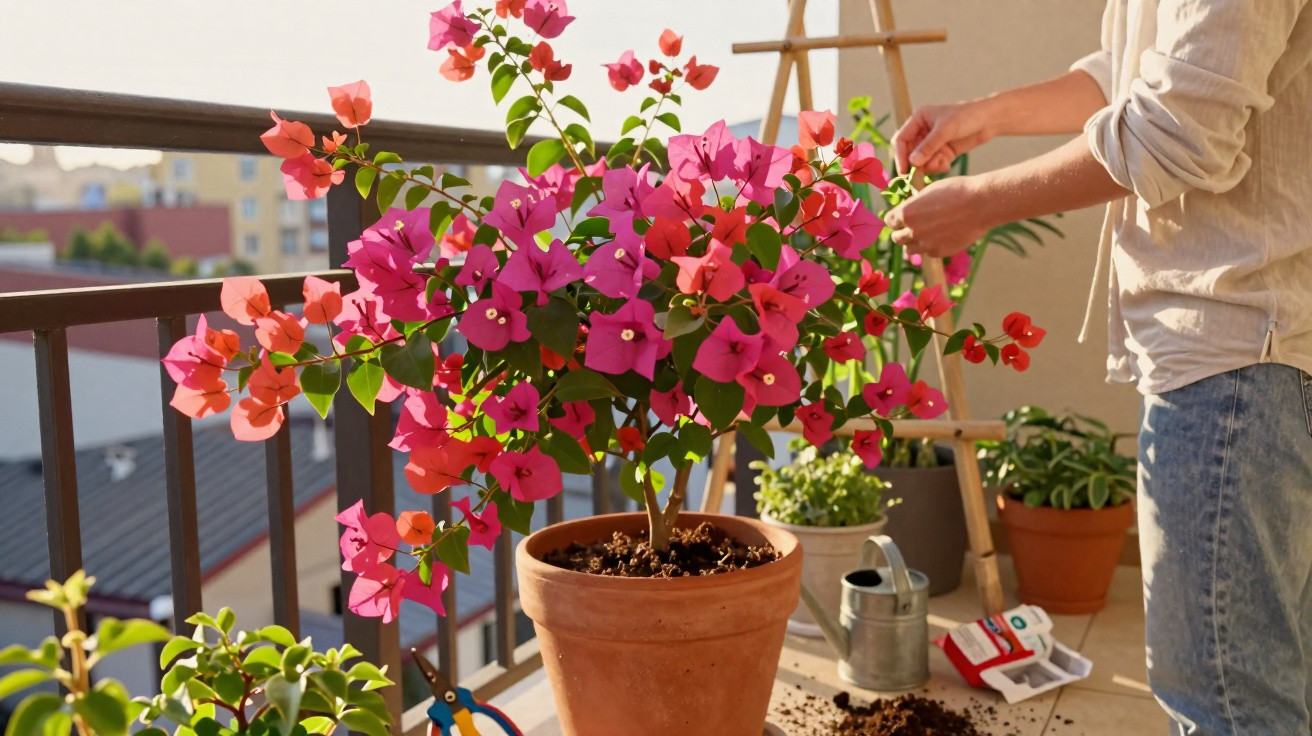 Pessoa a cuidar de planta com flores rosa num vaso de barro numa varanda ensolarada.