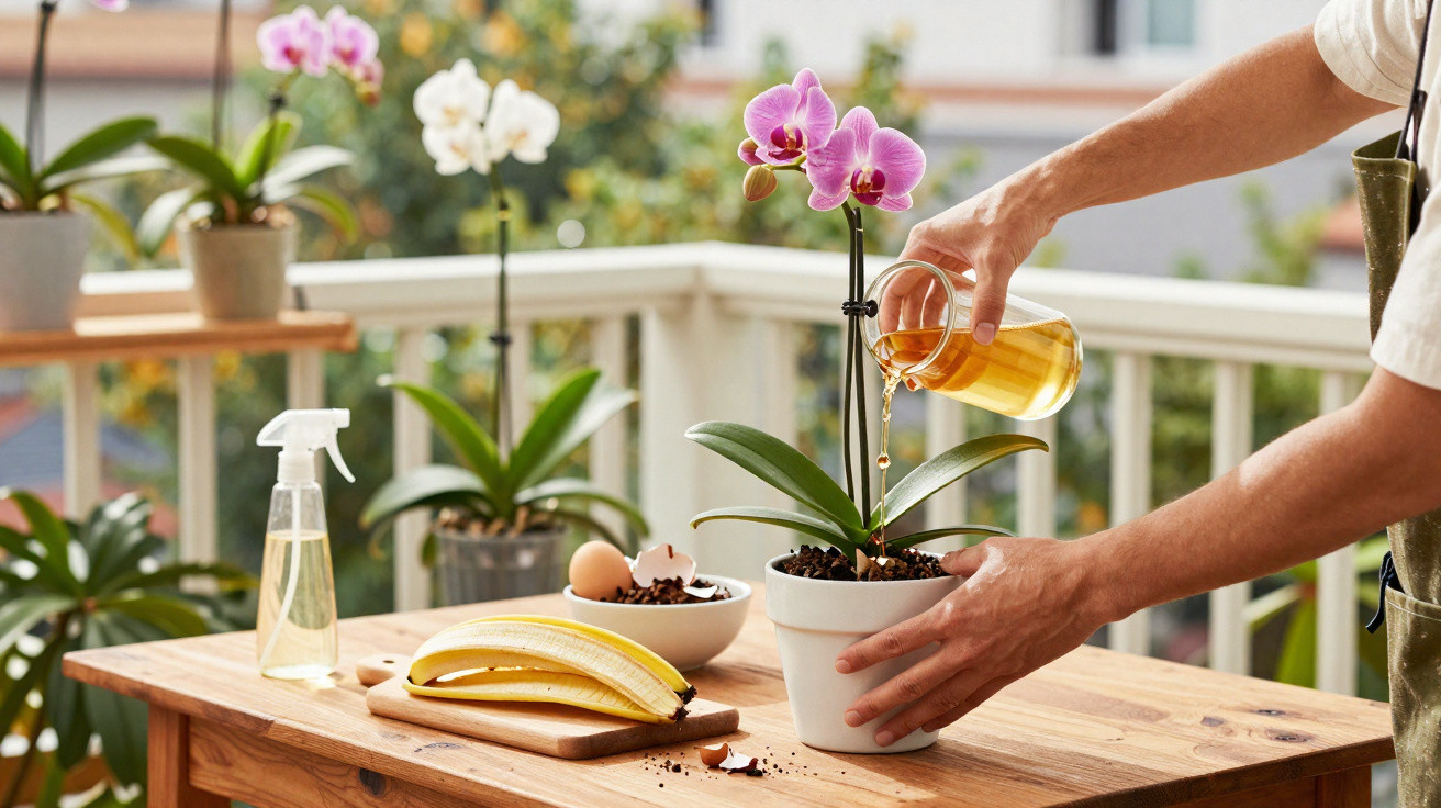 Pessoa a regar uma orquídea rosa num vaso branco numa varanda com várias plantas.